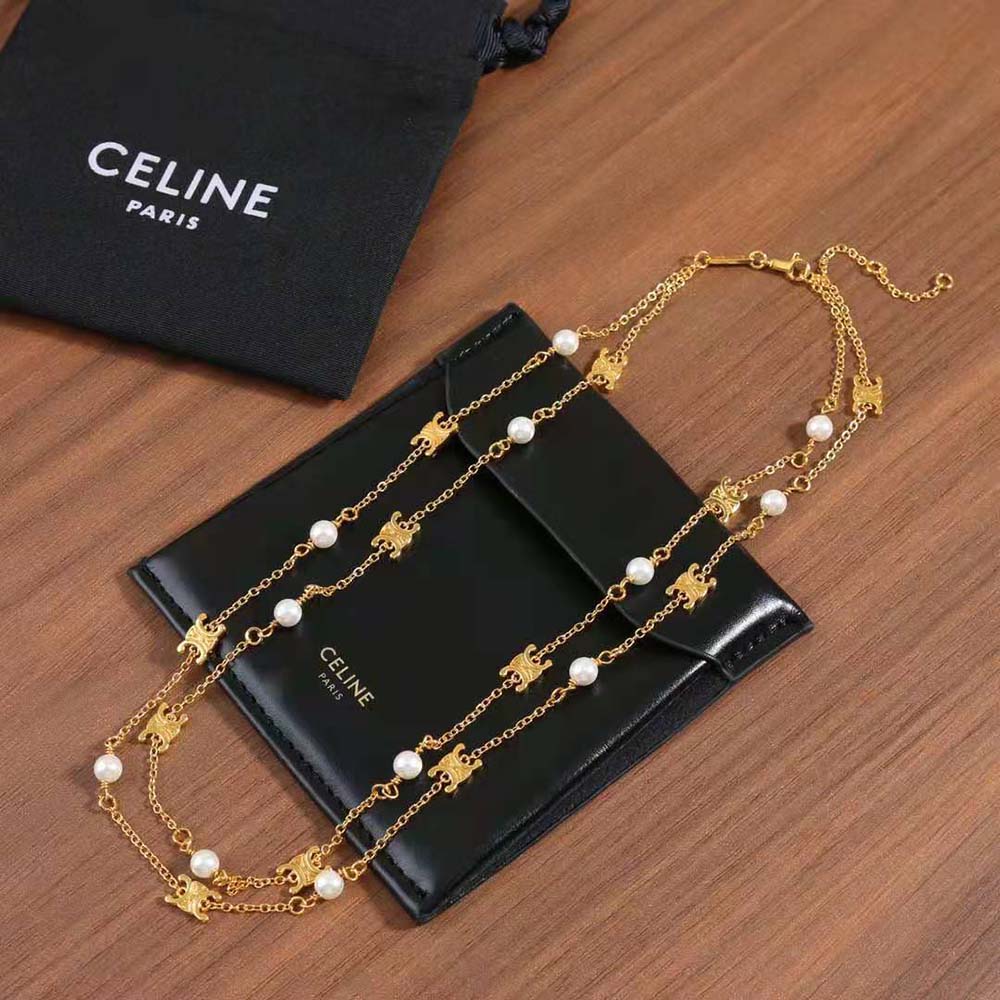 Celine Women Triomphe Pearl Double Necklace in Brass with Gold Finish and Resin Pearls - image 4