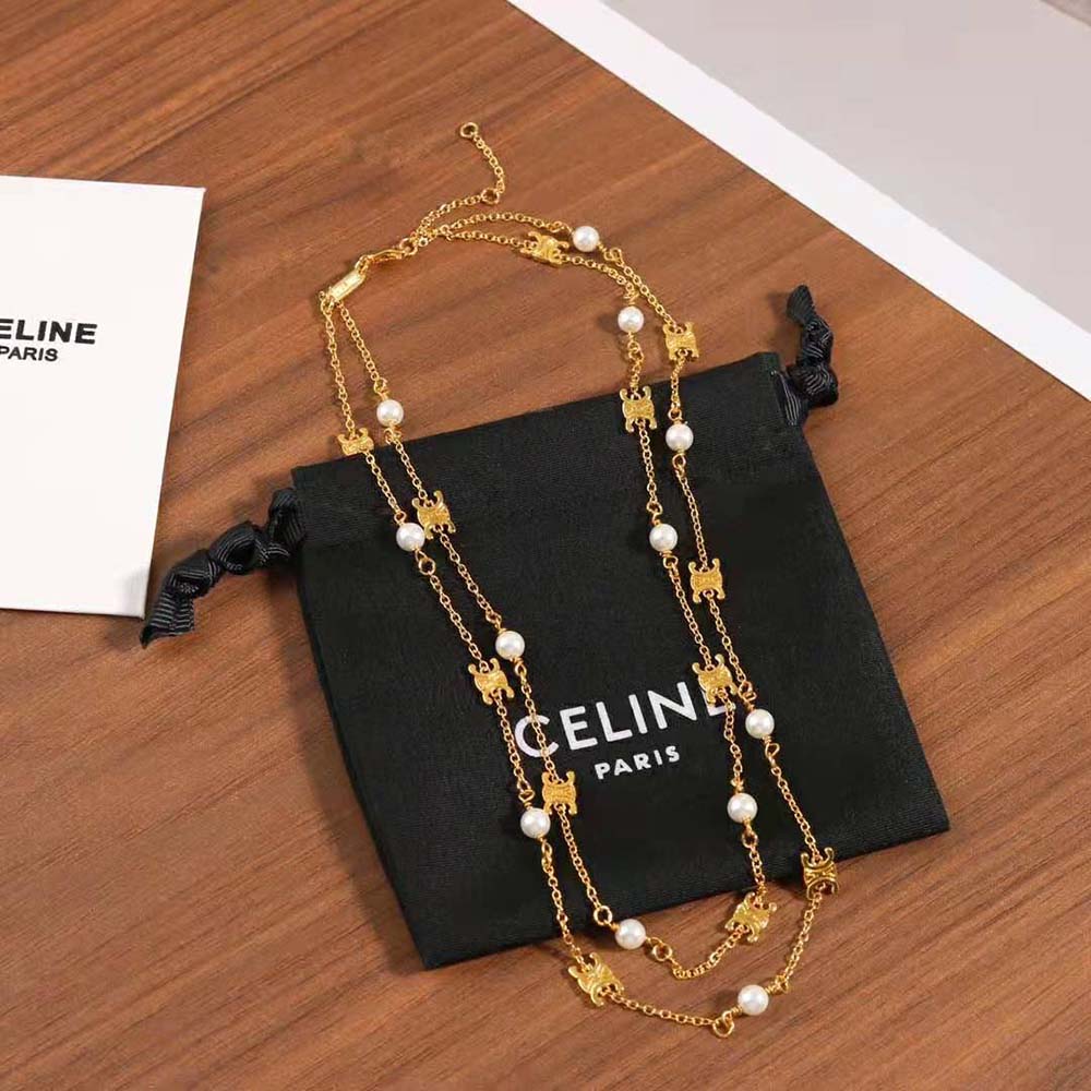 Side angle showing lobster clasp on Celine Women Triomphe Pearl Double Necklace