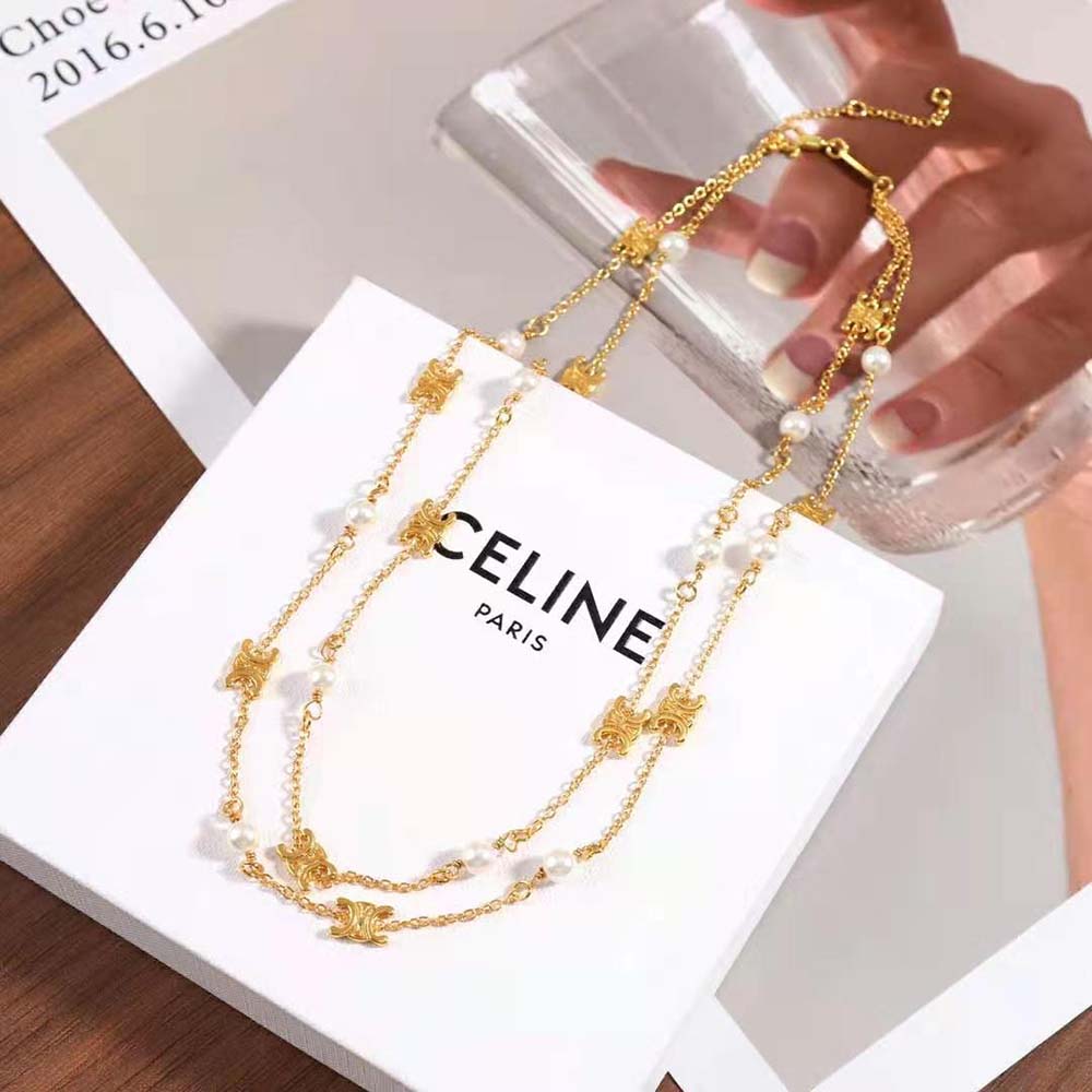 Celine Women Triomphe Pearl Double Necklace in Brass with Gold Finish and Resin Pearls - image 5