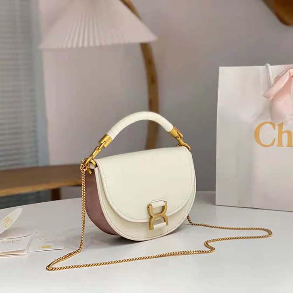 Side profile of Chloé Women Marcie Chain Flap Bag-White with flap open
