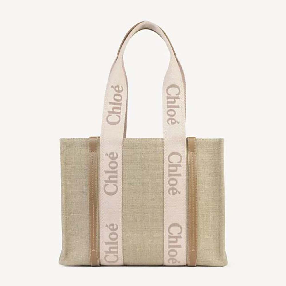 Front view of Chloe Women Medium Woody Tote Bag-Beige showing full silhouette