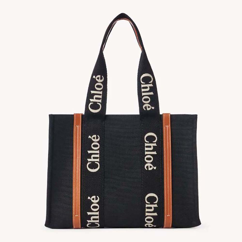 Front view of Chloe Women Medium Woody Tote Bag-Black showing leather texture