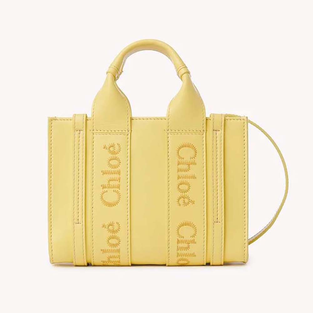 Front view of Chloe Women Mini Woody Tote Bag-Yellow with bamboo handle