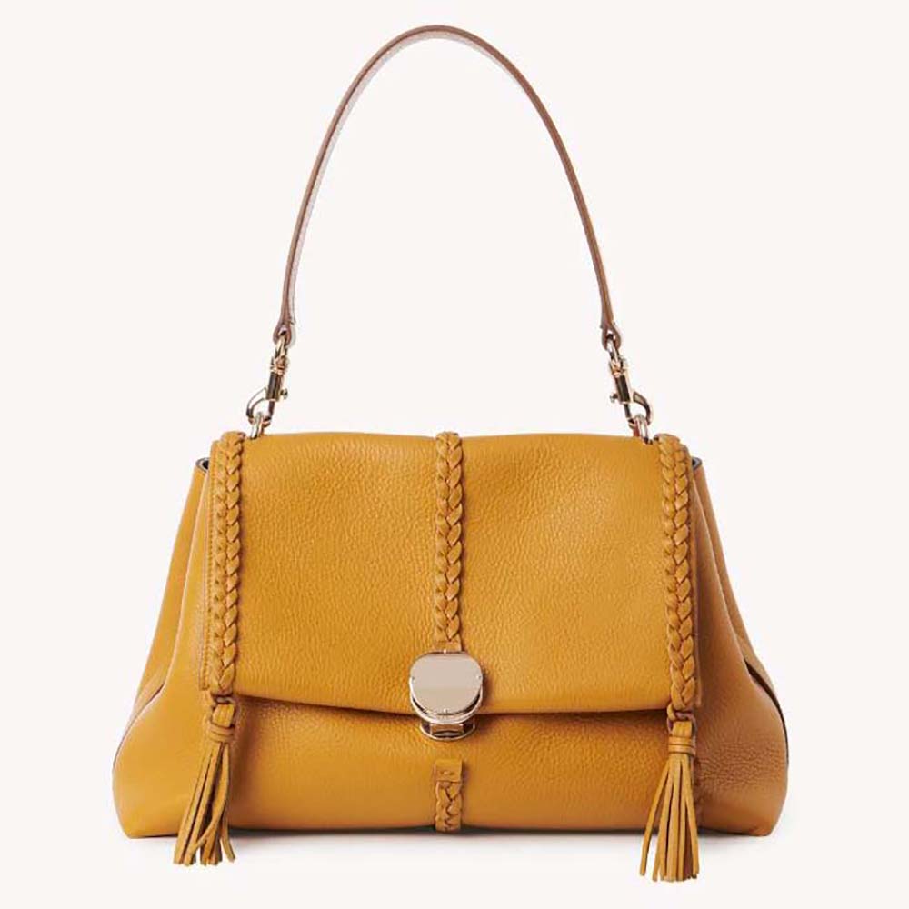 Front view of Chloe Women Penelope Medium Soft Shoulder Bag-Gold showing flap detail
