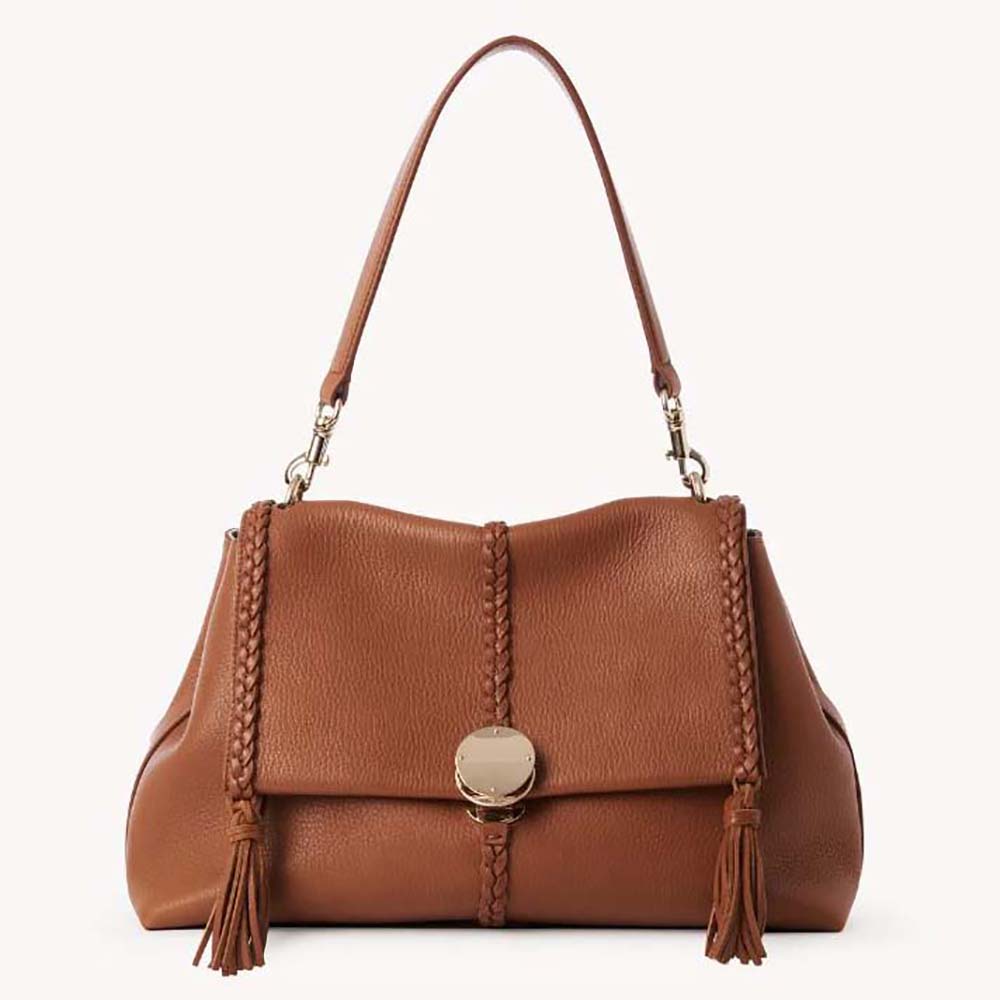 Front view of Chloe Women Penelope Medium Soft Shoulder Bag-Brown showing flap