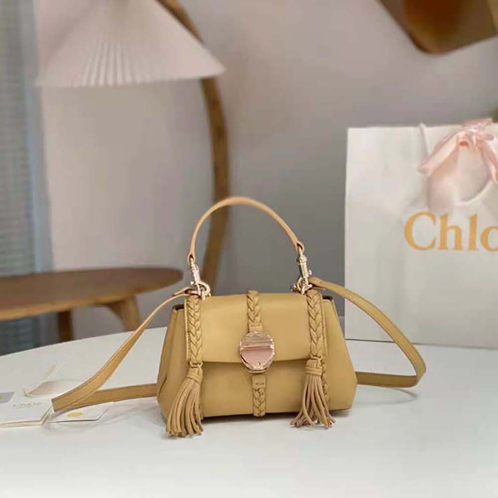 Close-up on gold braided hardware of Chloé Penelope Mini Soft Shoulder Bag-Brown