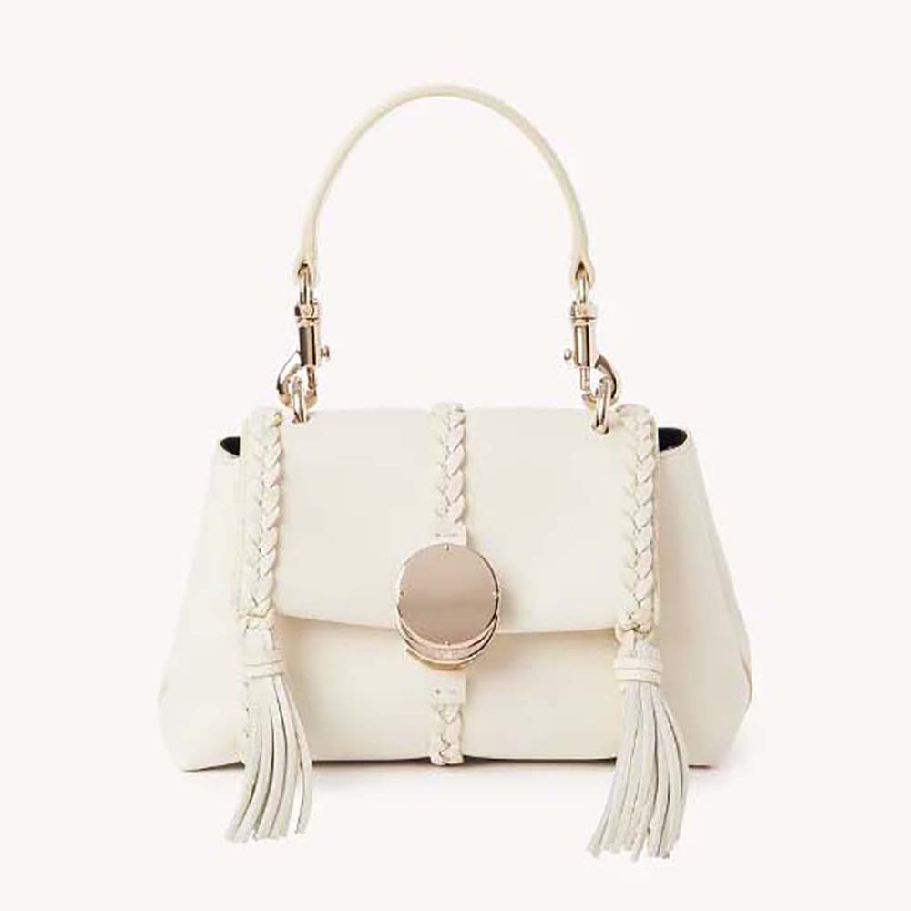 Front view of Chloe Women Penelope Mini Soft Shoulder Bag-White with braided trim