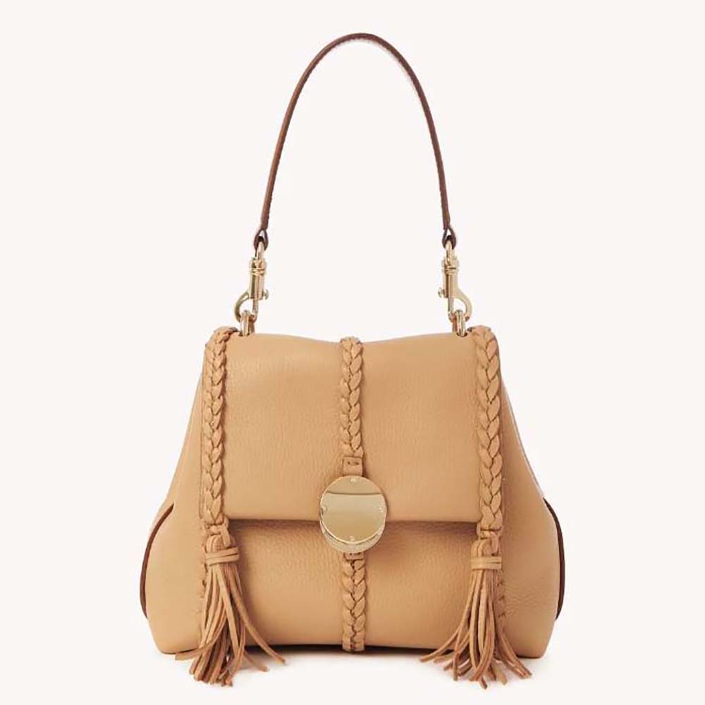 Front angle of Chloe Women Penelope Small Soft Shoulder Bag-Sandy showing braided strap