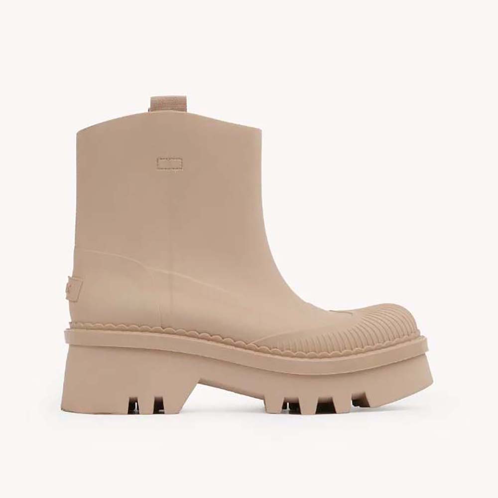 Side view of Chloe Women Raina Rain Boot-Beige showing sleek silhouette