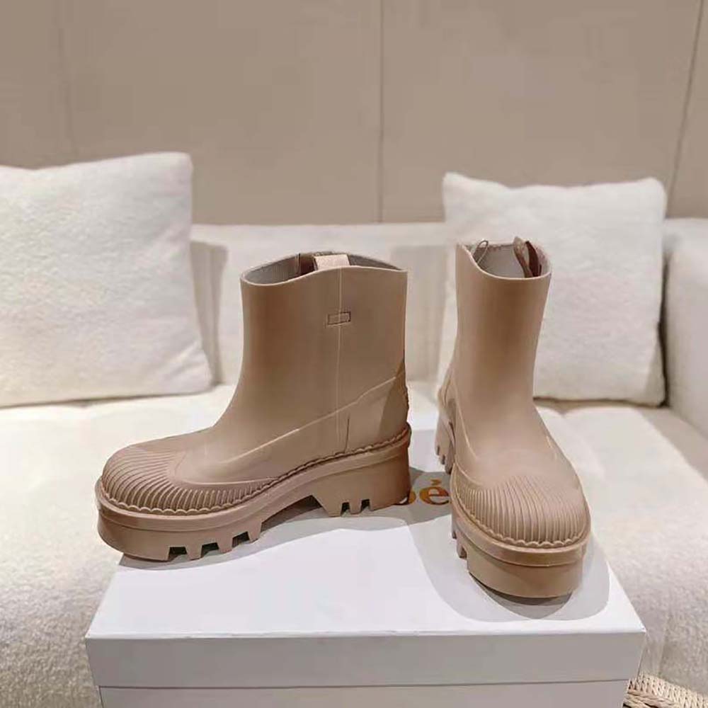 Top view of Chloe Women Raina Rain Boot-Beige highlighting slip-on pull tab