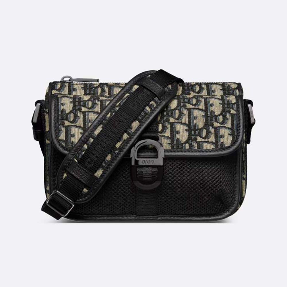 Front view of Dior Men 8 Mini Bag with Strap Beige and Black Dior Oblique Jacquard
