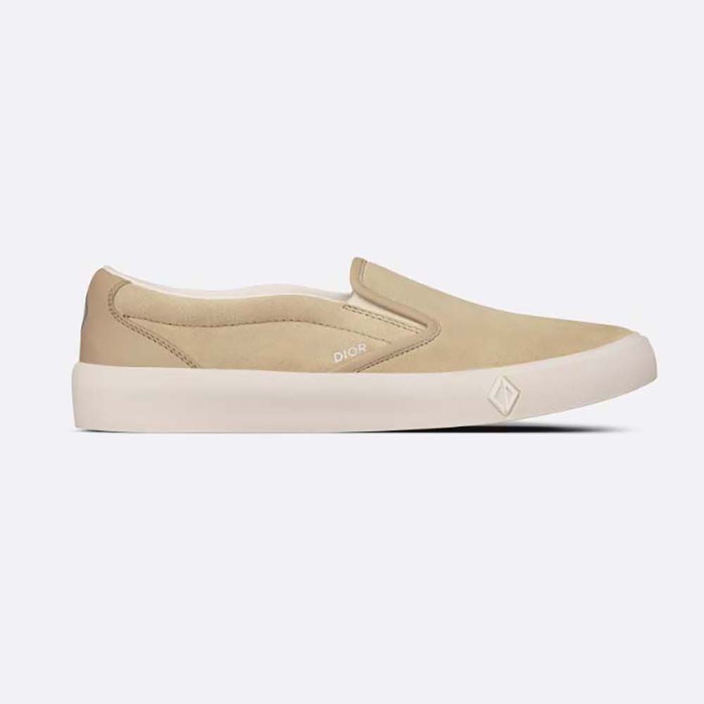 Side view of Dior Men B101 Slip-on Sneaker Beige Suede and Smooth Calfskin