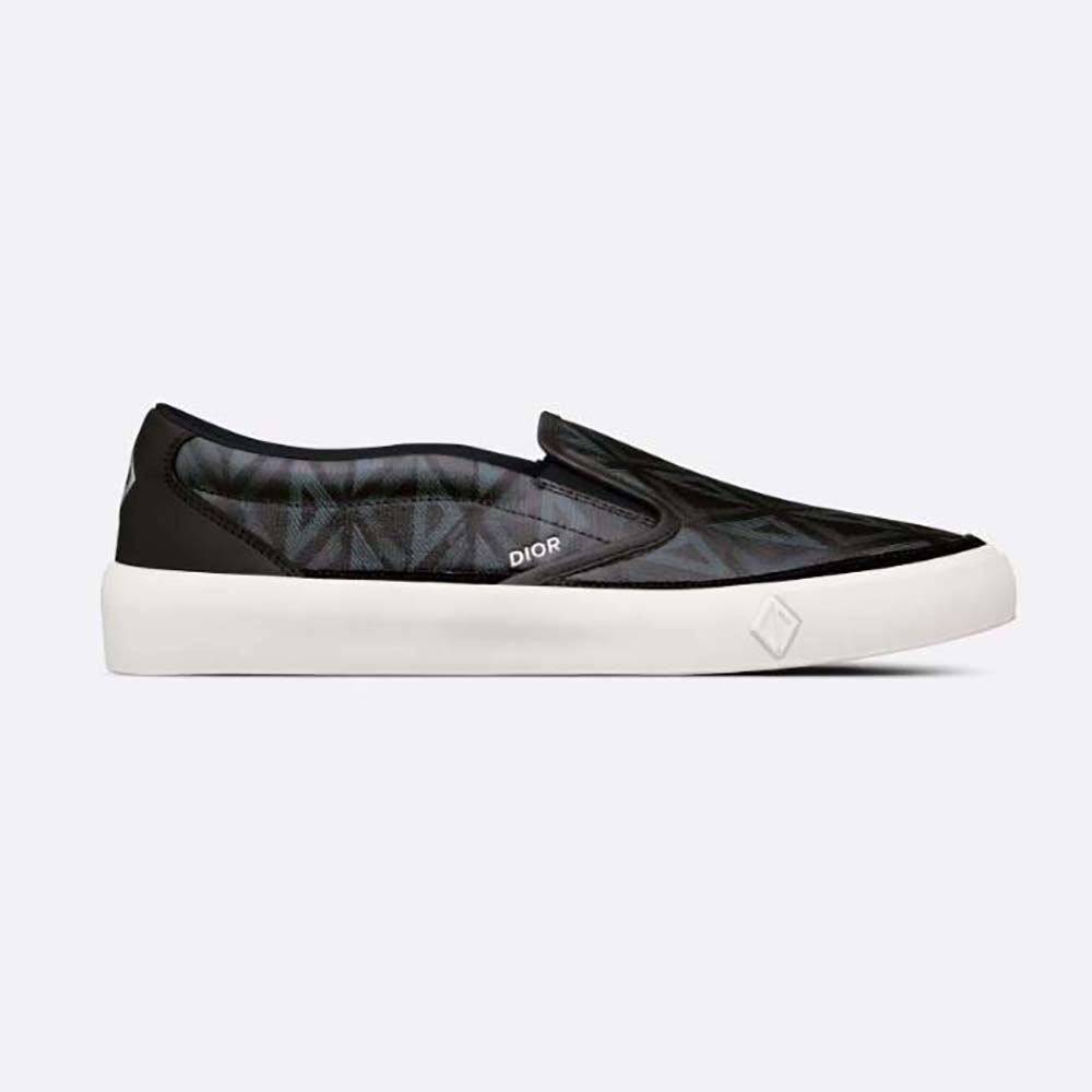 Side view of Dior Men B101 Slip-on Sneaker Black CD Diamond Canvas and Calfskin