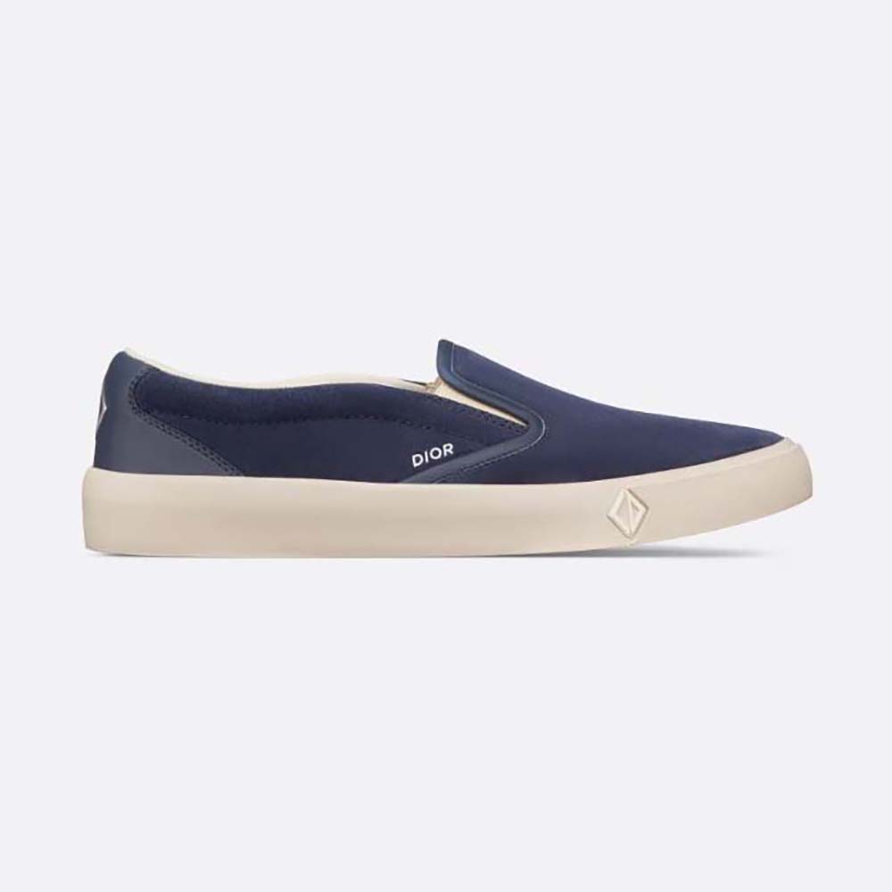 Front angle of Dior Men B101 Slip-on Sneaker Navy Blue Suede and Smooth Calfskin