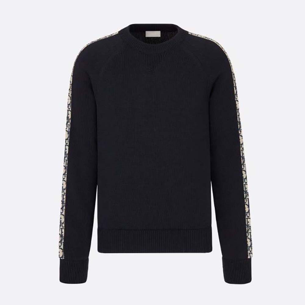 Front view of Dior Men Sweater with Dior Oblique Inserts Deep Blue Cotton Jersey