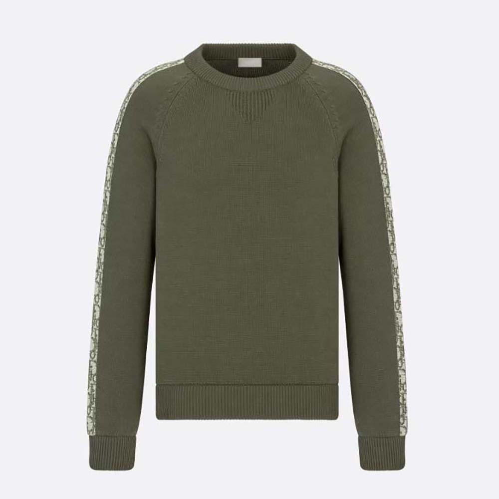 Front view of Dior Men Sweater with Dior Oblique Inserts Khaki Cotton Jersey