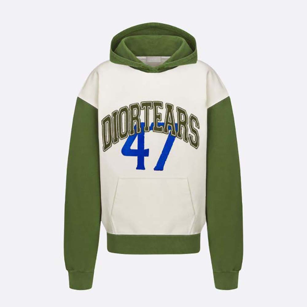 Front view of Dior Men Tears Oversized Hooded Sweatshirt White and Green Cotton Fleece