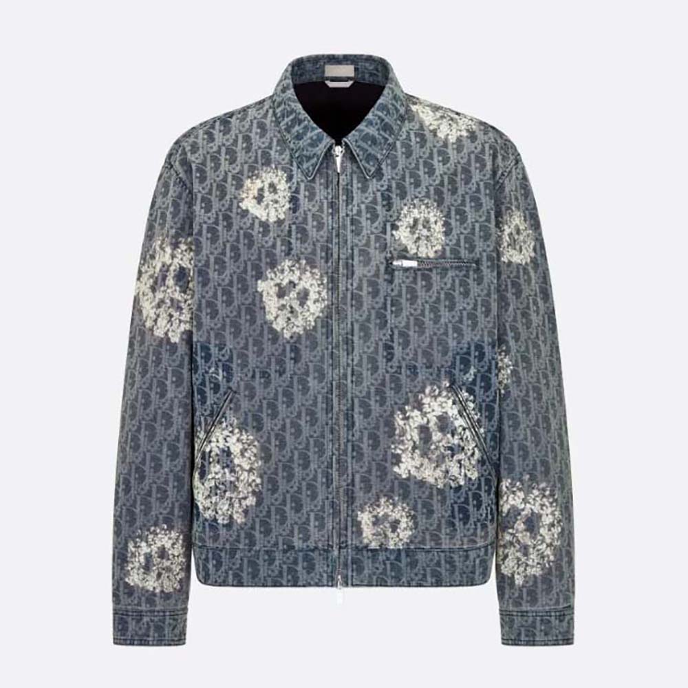 Front view of Dior Men Tears Zipped Blouson Blue Cotton Denim