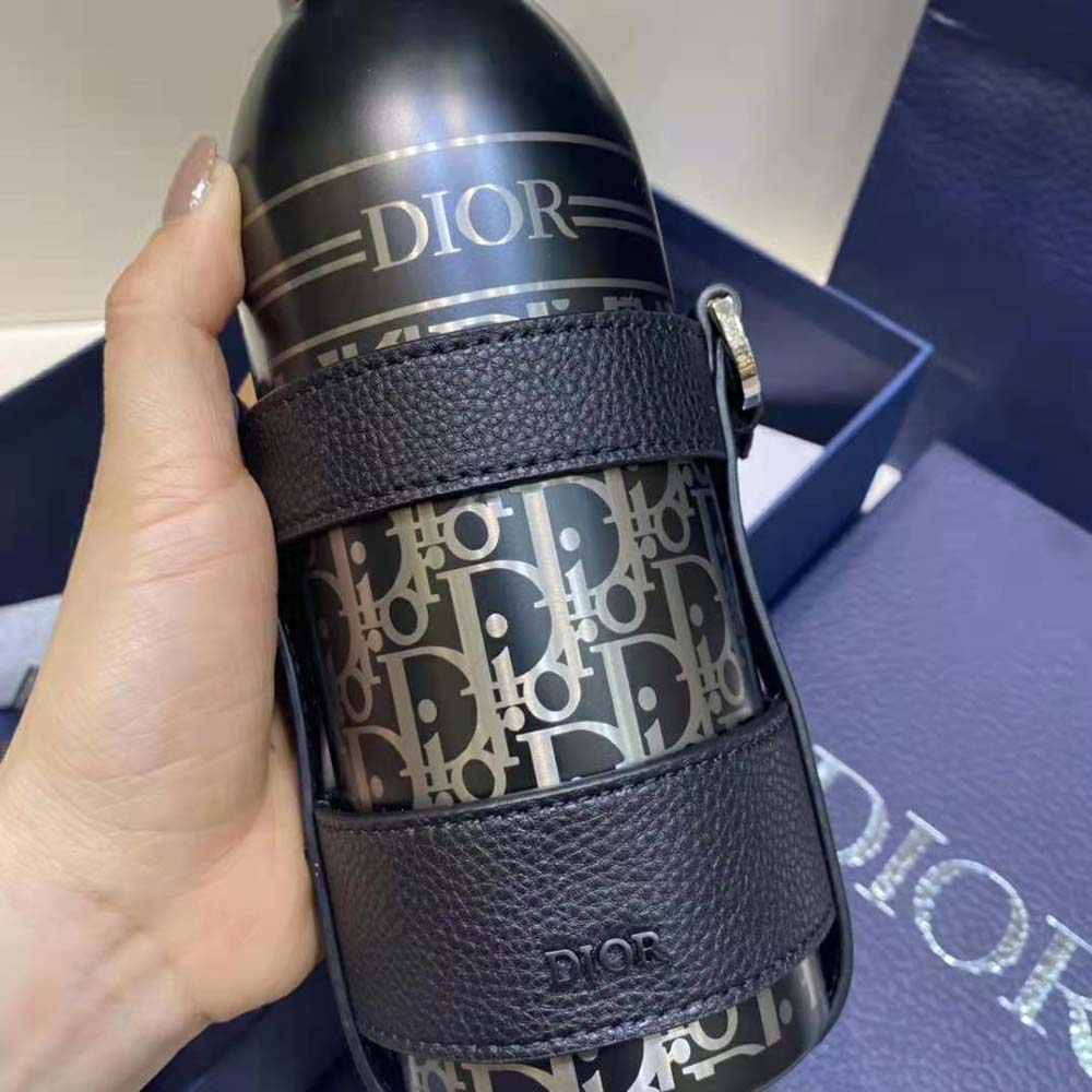 Dior Unisex Aqua Bottle with Shoulder Strap Black Grained Calfskin and Dior Oblique Stainless Steel - image 7