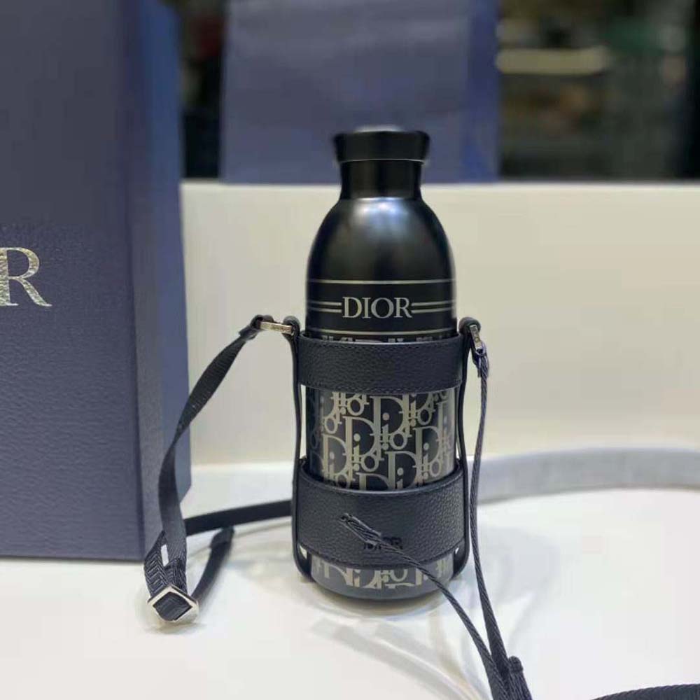 Dior Unisex Aqua Bottle with Shoulder Strap Black Grained Calfskin and Dior Oblique Stainless Steel - image 4