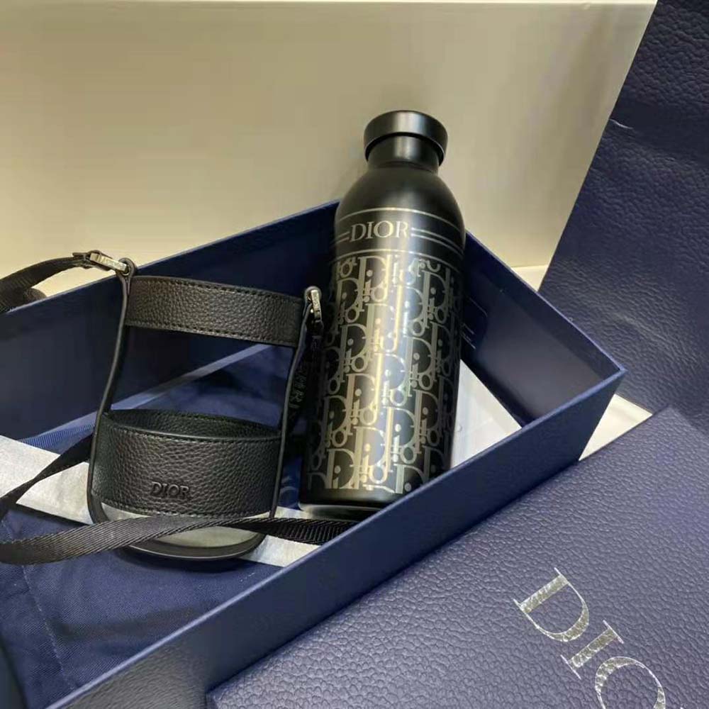 Dior Unisex Aqua Bottle with Shoulder Strap Black Grained Calfskin and Dior Oblique Stainless Steel - image 5