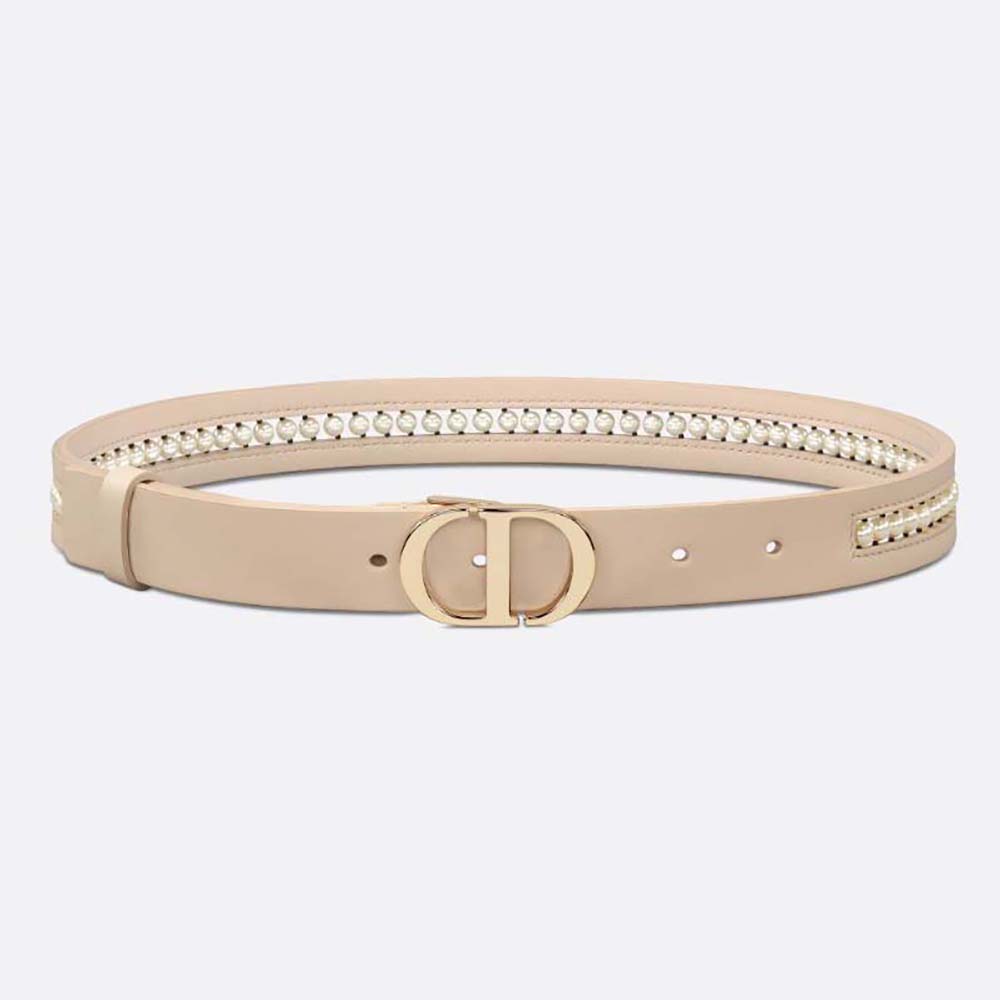 Front view of Dior Women 30 Montaigne Belt Beige with pearl buckle