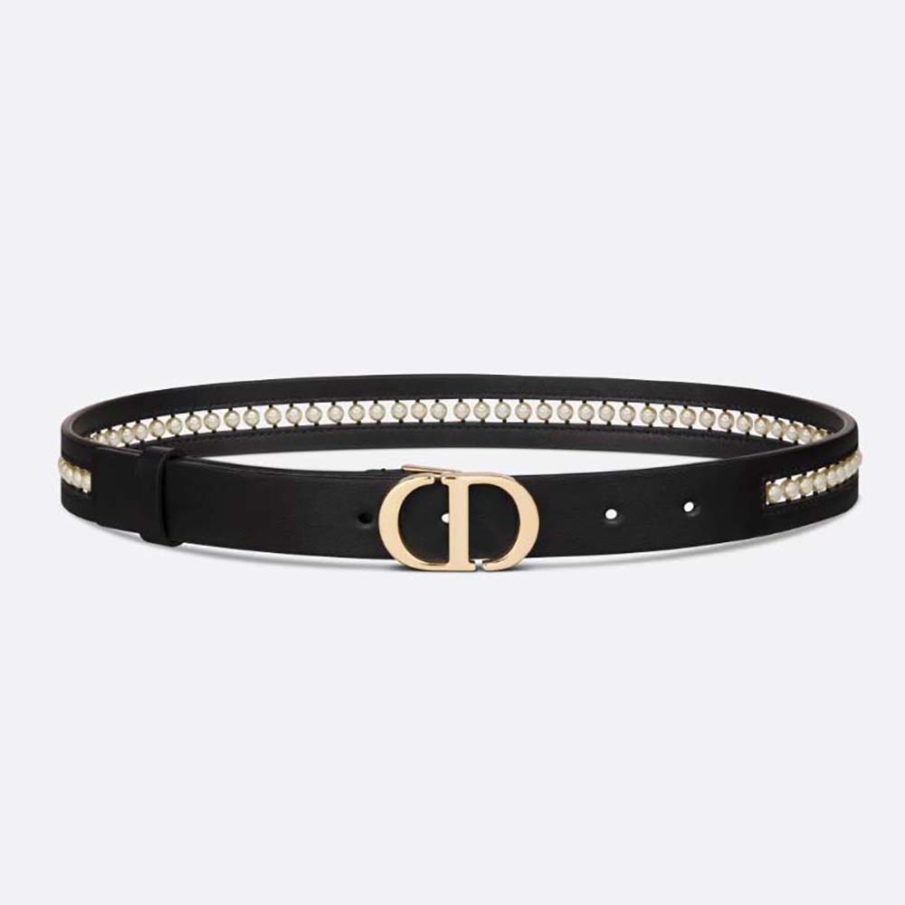 Front view of Dior Women 30 Montaigne Belt Black Smooth Calfskin with pearls