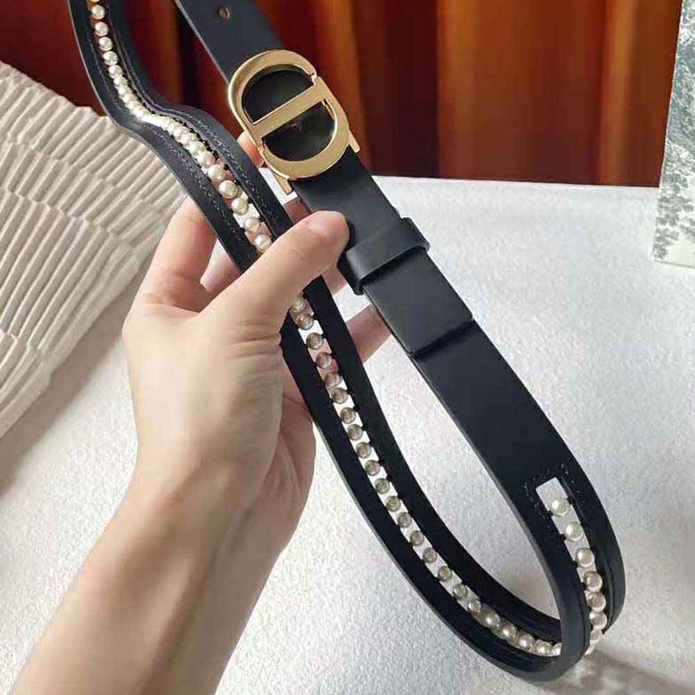 Dior Women 30 Montaigne Belt Black Smooth Calfskin and White Glass Pearls 25 MM - image 6