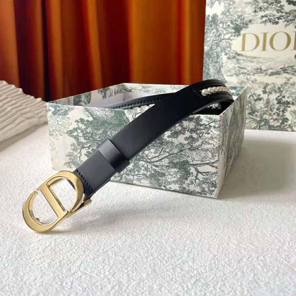 Dior Women 30 Montaigne Belt Black Smooth Calfskin and White Glass Pearls 25 MM - image 4