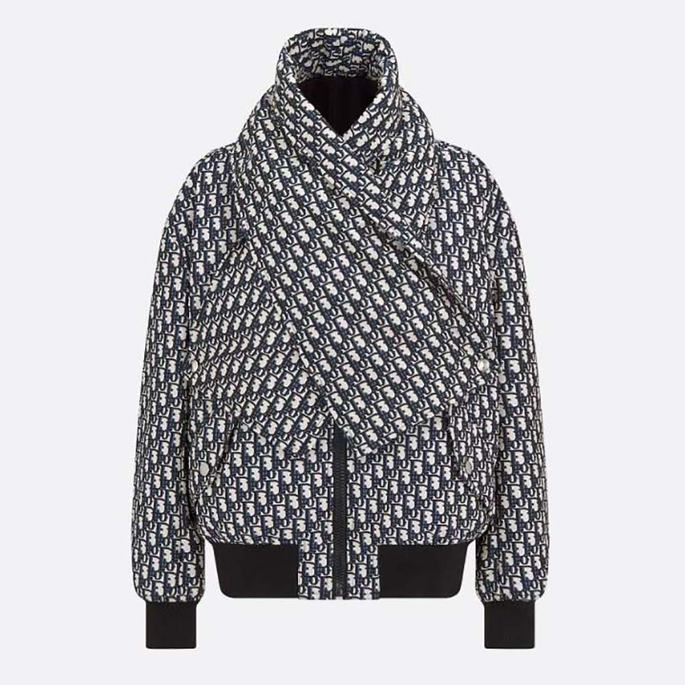 Front view of Dior Women Bomber Jacket with Criss Cross Collar Blue and Ecru Technical Taffeta Jacquard