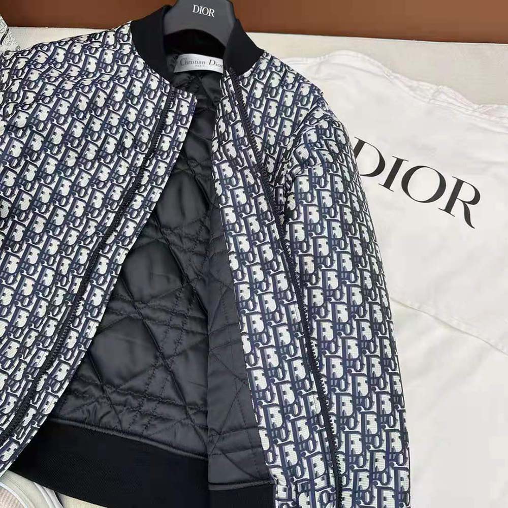 Dior Women Bomber Jacket with Criss Cross Collar Blue and Ecru Technical Taffeta Jacquard - image 7