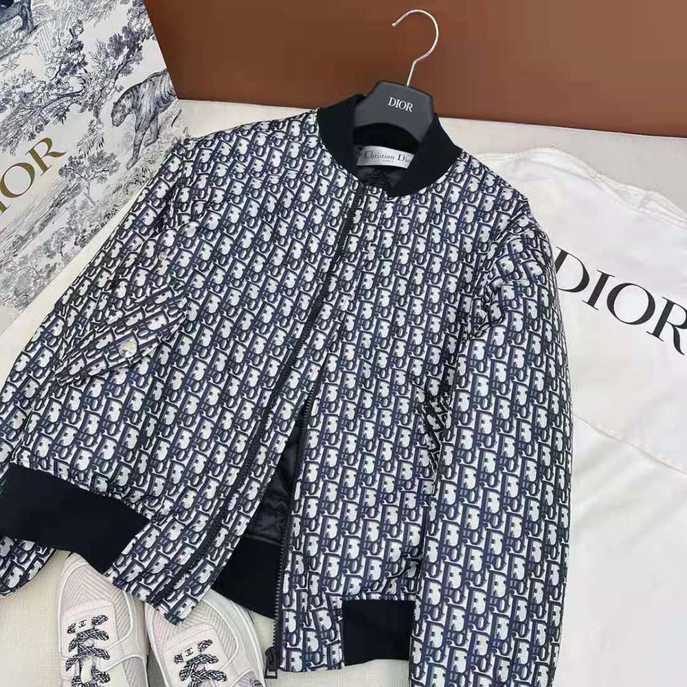Dior Women Bomber Jacket with Criss Cross Collar Blue and Ecru Technical Taffeta Jacquard - image 4