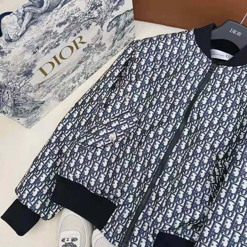 Dior Women Bomber Jacket with Criss Cross Collar Blue and Ecru Technical Taffeta Jacquard - image 6