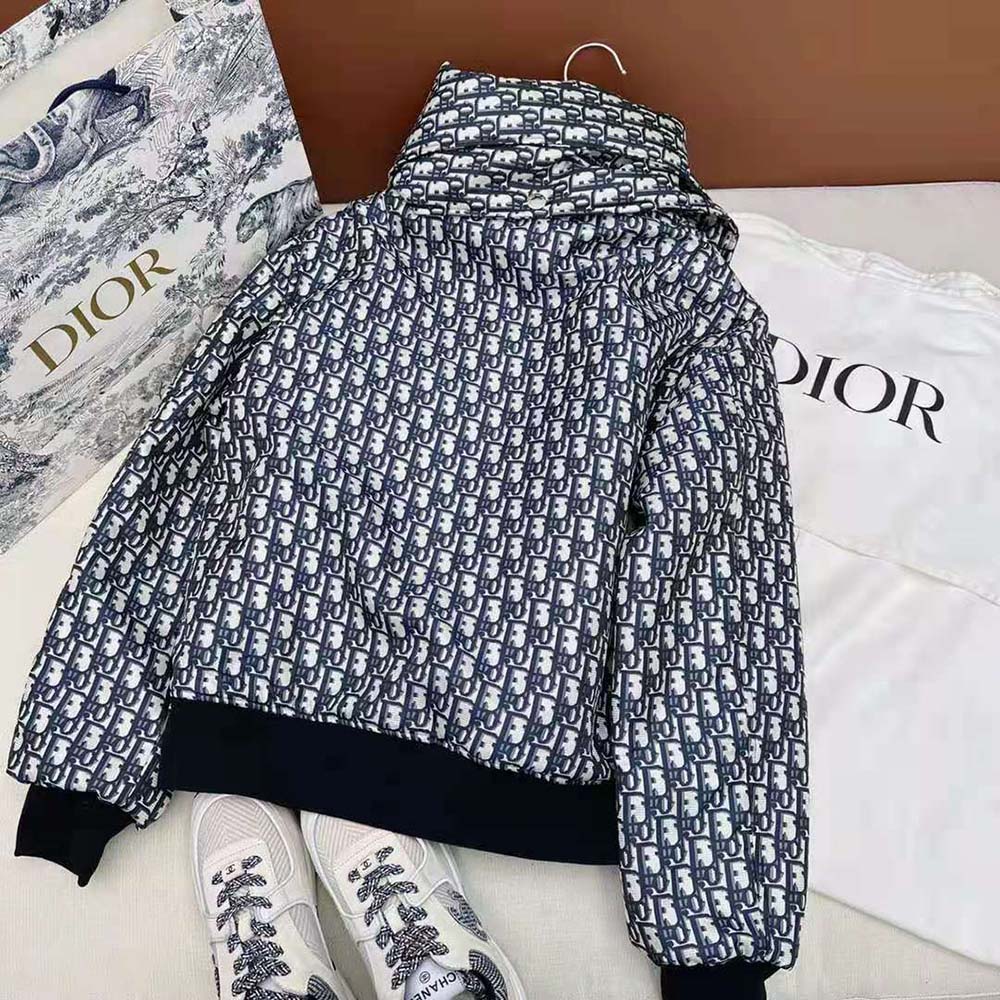 Dior Women Bomber Jacket with Criss Cross Collar Blue and Ecru Technical Taffeta Jacquard - image 5