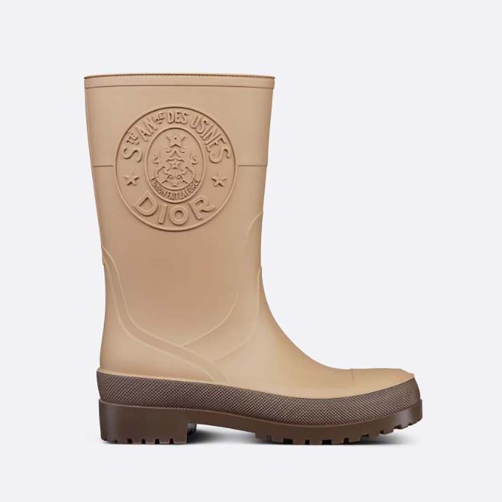 Side view of Dior Women Diorunion Rain Boot beige and brown rubber