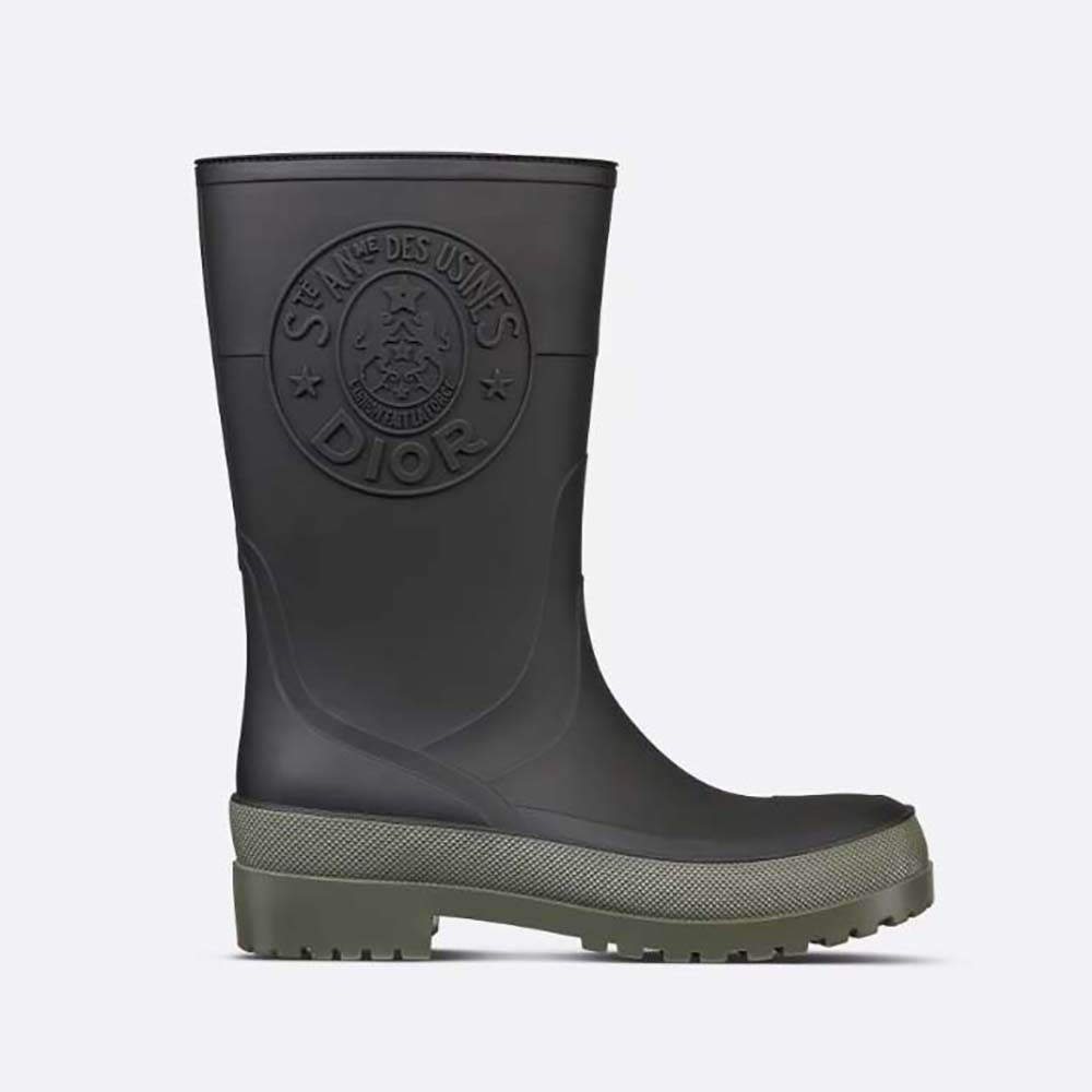 Front angle of Dior Women Diorunion Rain Boot Black and Khaki Two-Tone Rubber with Dior Union Motif