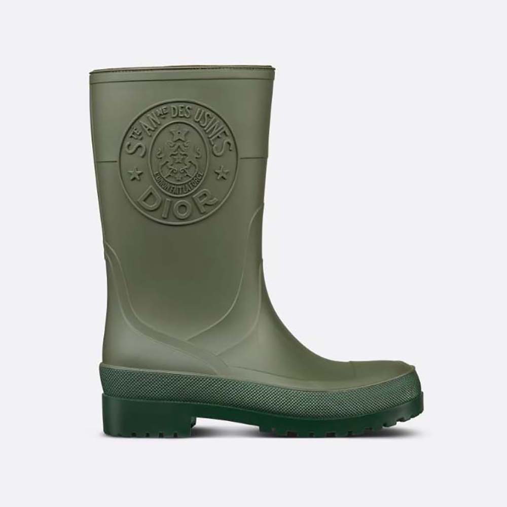 Side view of Dior Women Diorunion Rain Boot Khaki Rubber with motif