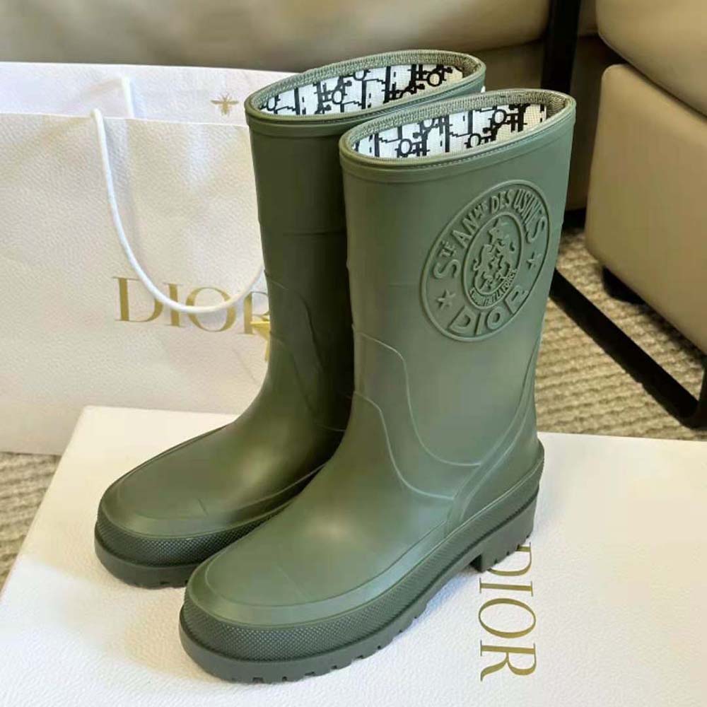 Top-down angle showing slip-on design of Diorunion Rain Boot Khaki