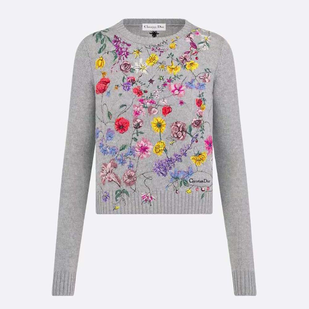 Front view of Dior Women Embroidered Sweater Gray Cashmere Knit with floral motif