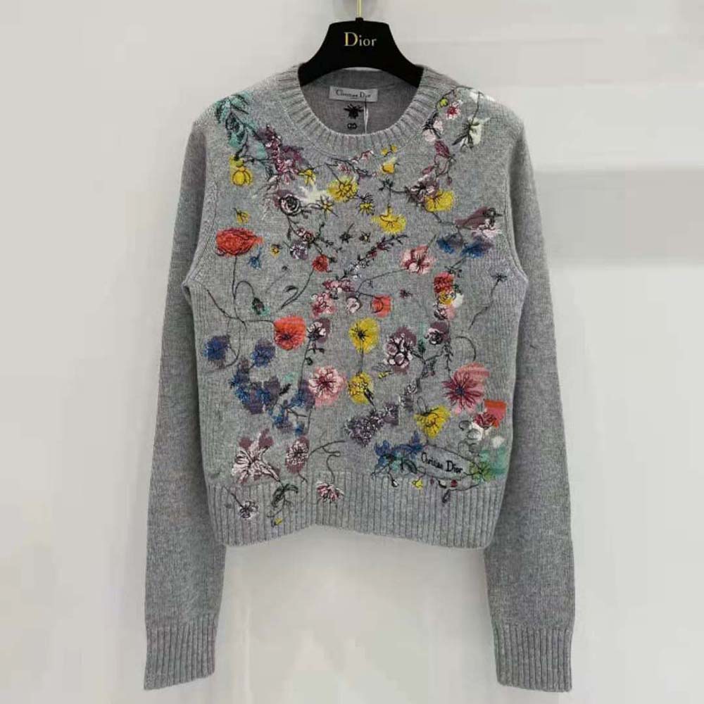 Close-up of red multicolor Florilegio embroidery on Dior cashmere sweater