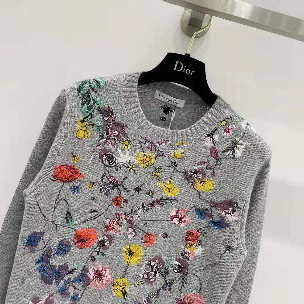 Dior Women Embroidered Sweater Gray Cashmere Knit with Red Multicolor Florilegio Motif - image 5