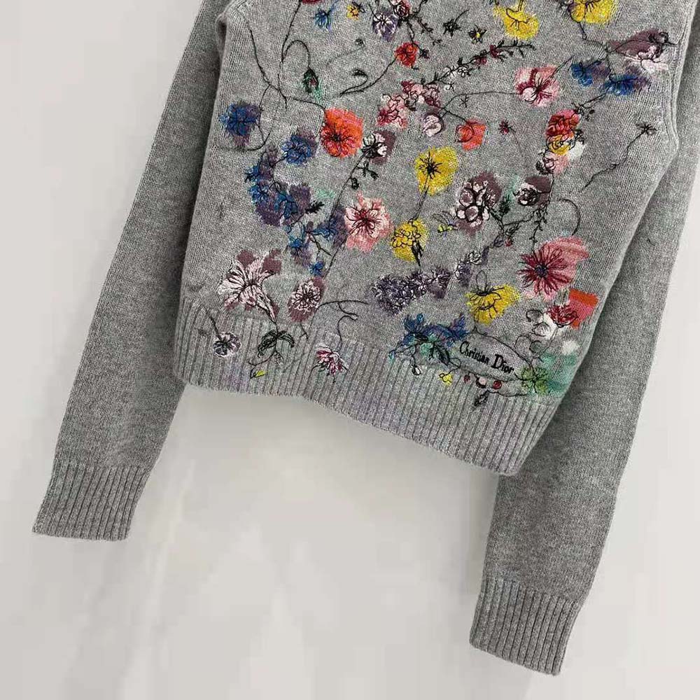 Dior Women Embroidered Sweater Gray Cashmere Knit with Red Multicolor Florilegio Motif - image 9