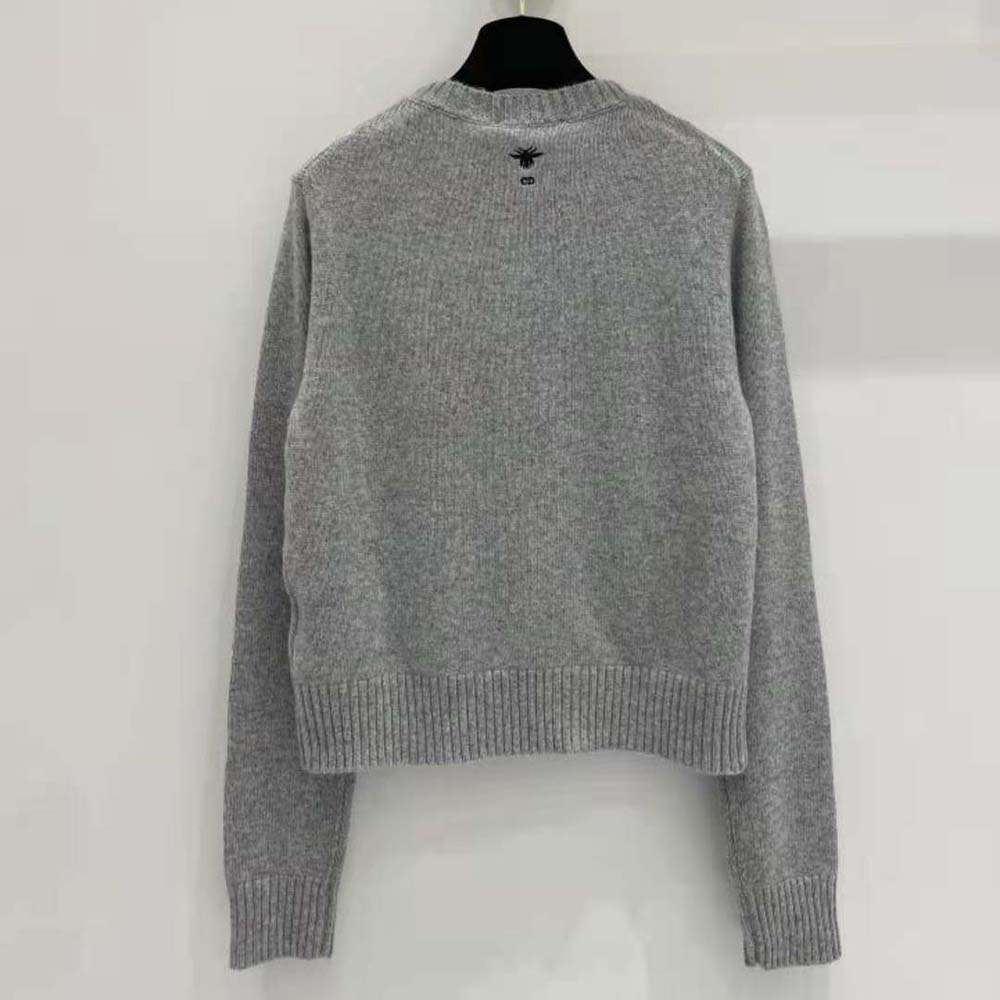 Side angle showing relaxed fit of Dior Women Embroidered Sweater Gray Knit