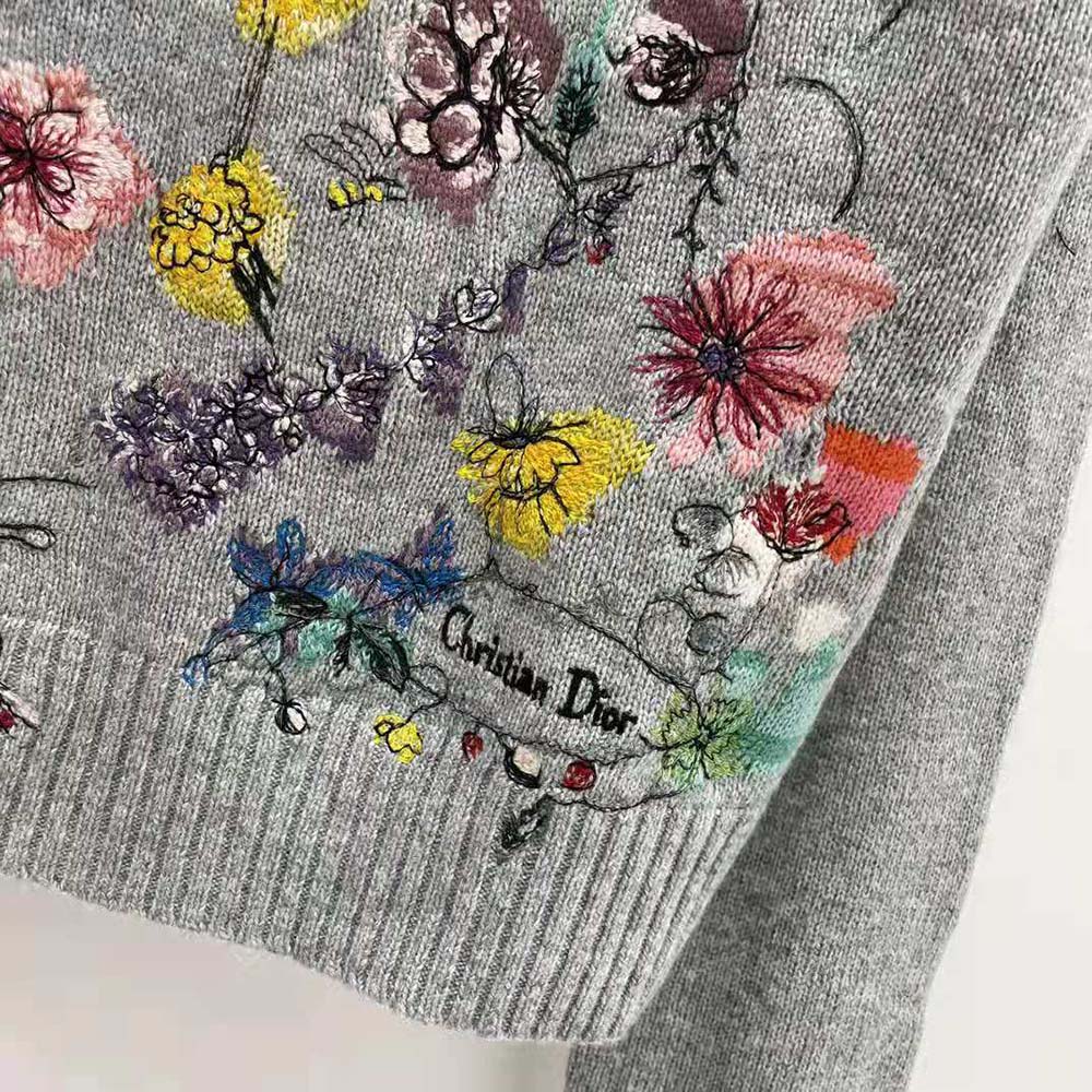 Dior Women Embroidered Sweater Gray Cashmere Knit with Red Multicolor Florilegio Motif - image 8