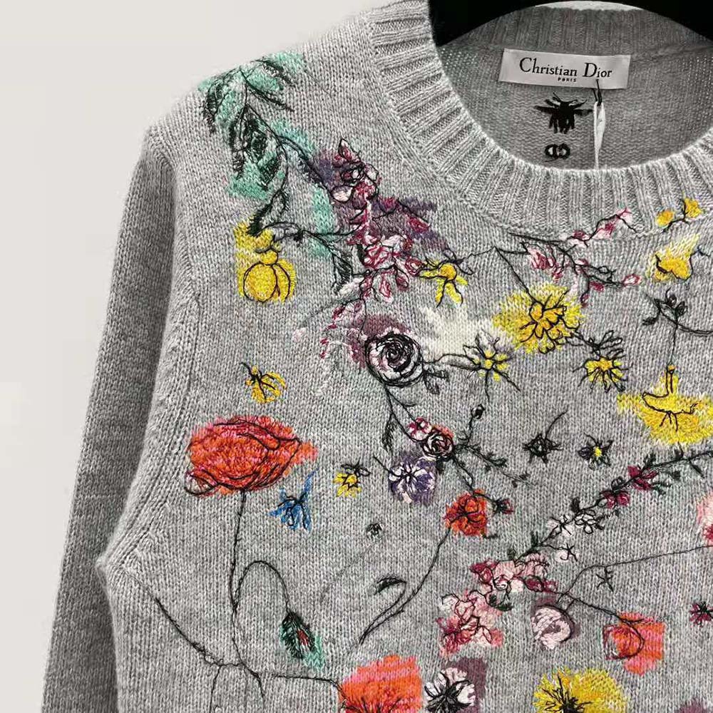 Dior Women Embroidered Sweater Gray Cashmere Knit with Red Multicolor Florilegio Motif - image 7