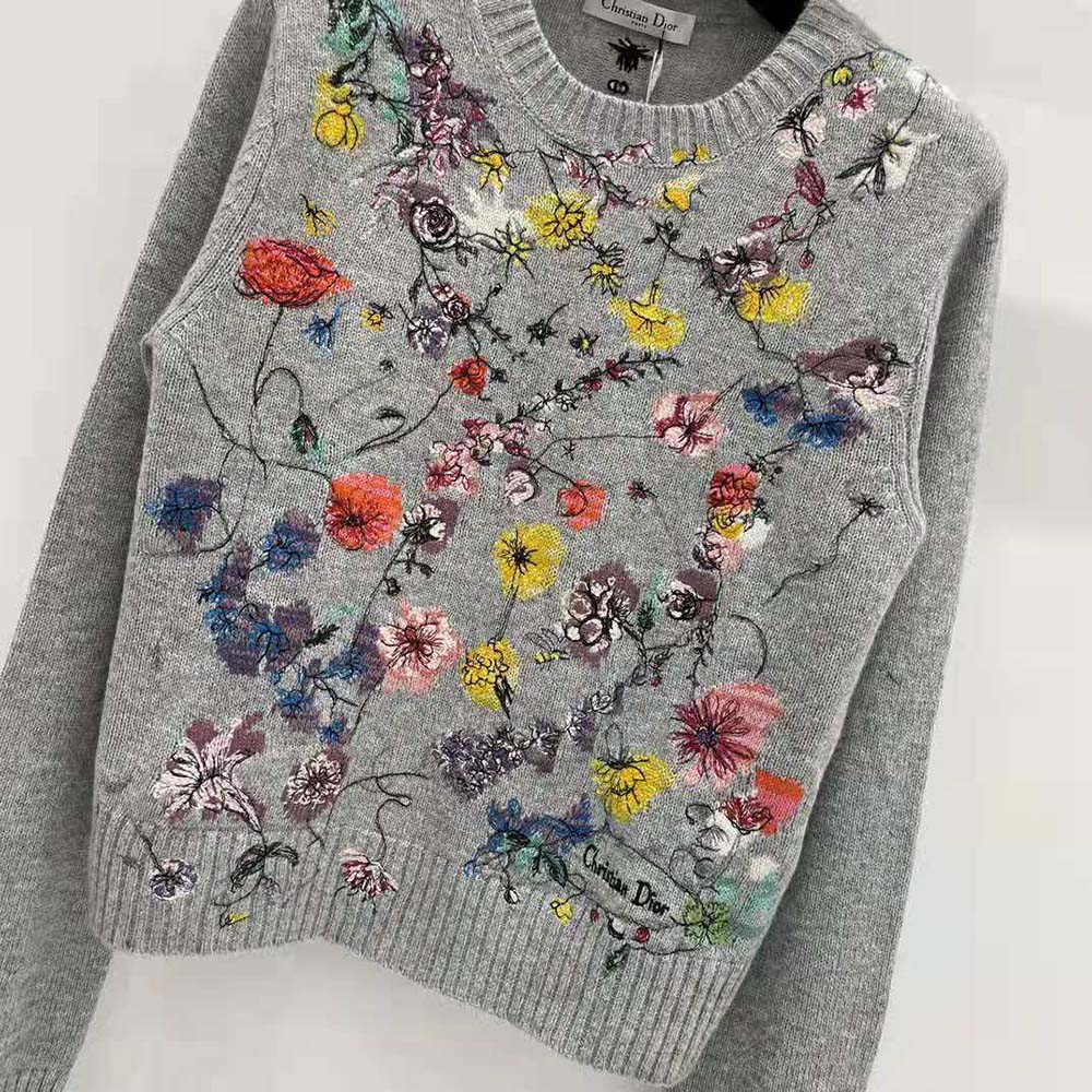 Dior Women Embroidered Sweater Gray Cashmere Knit with Red Multicolor Florilegio Motif - image 6