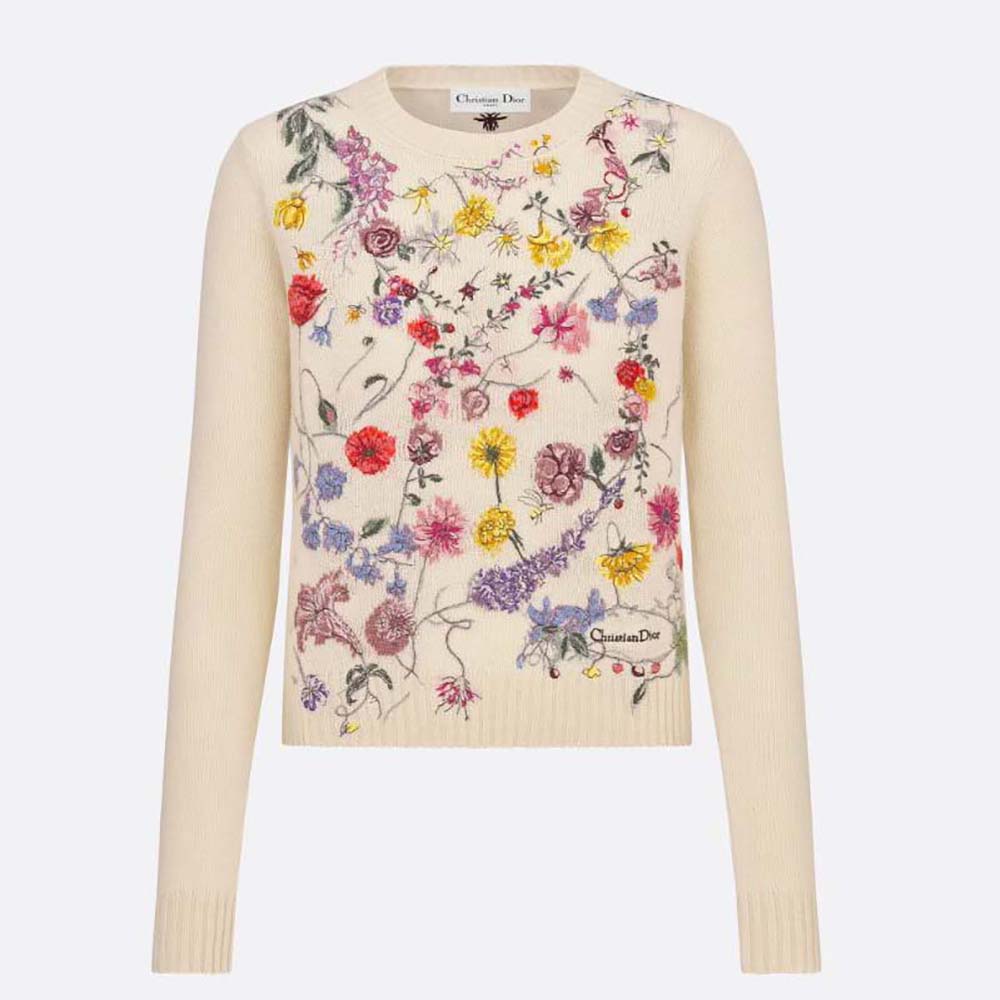Front view of Dior Women Embroidered Sweater White Cashmere Knit with floral motif