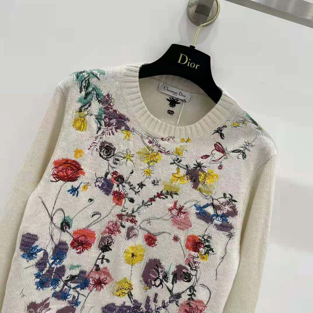 Dior Women Embroidered Sweater White Cashmere Knit with Red Multicolor Florilegio Motif - image 4