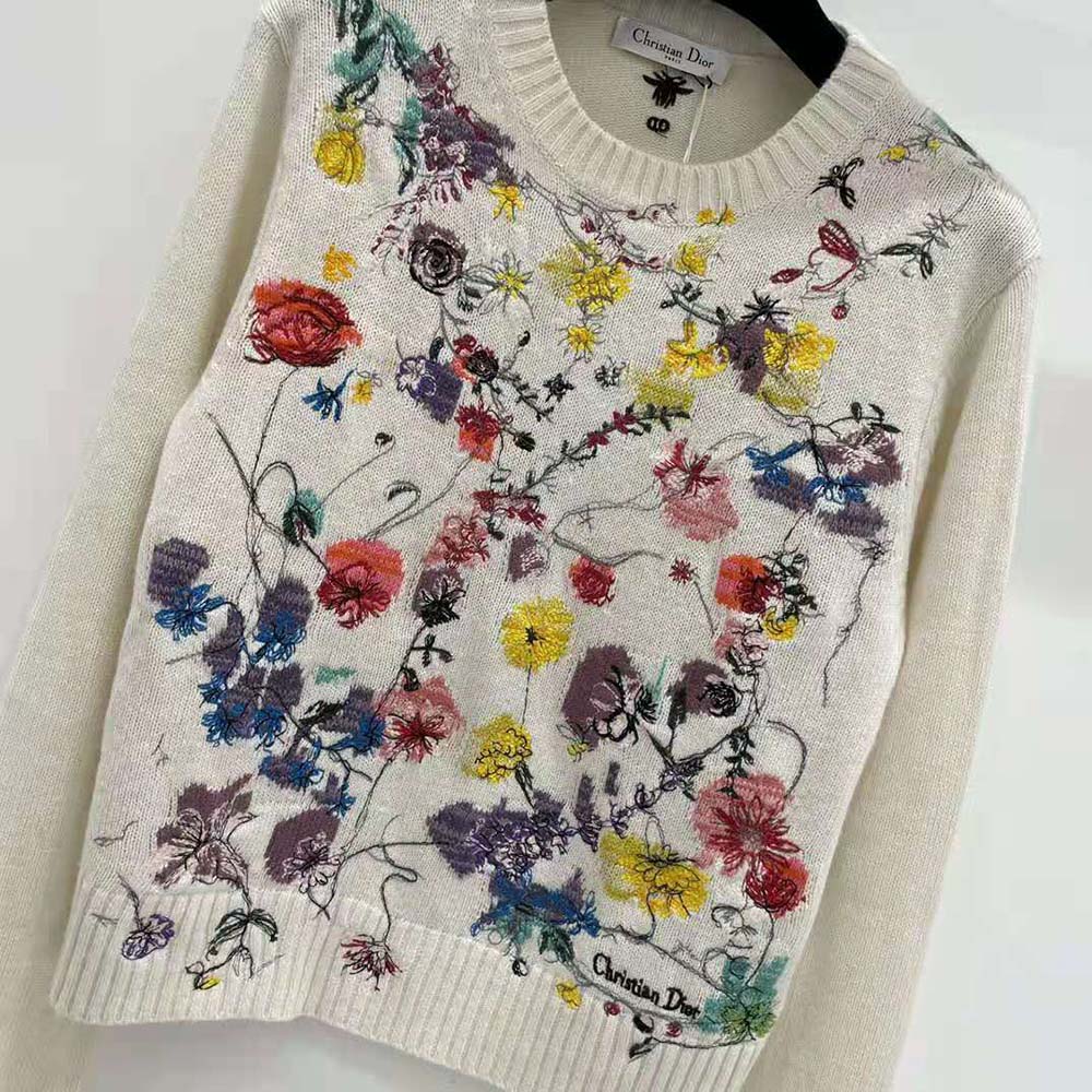 Dior Women Embroidered Sweater White Cashmere Knit with Red Multicolor Florilegio Motif - image 5