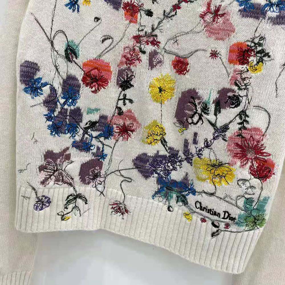 Dior Women Embroidered Sweater White Cashmere Knit with Red Multicolor Florilegio Motif - image 8